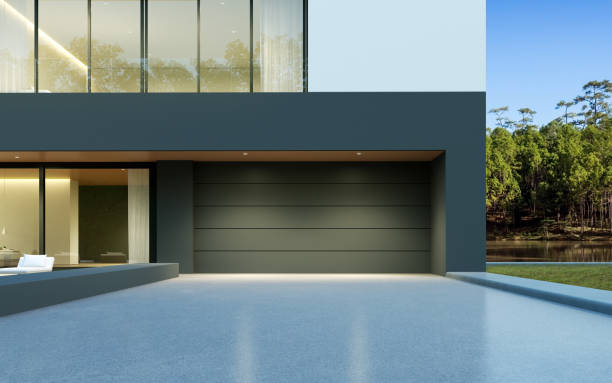 豪華な近代的な家の視点, g, 森林湖の背景にガレージの入り口, 建築デザインのアイデア.3d レンダリング - nobody building exterior outdoors house ストックフォトと画像