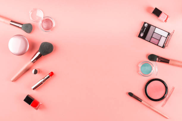 istock Make up products and brushes on pink. Flat lay 1181782667