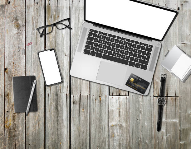 istock Wooden office desk mockup top view 1181782842