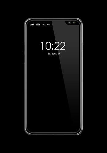 All-screen digital blank smartphone mockup isolated on black with clock display. 3D render