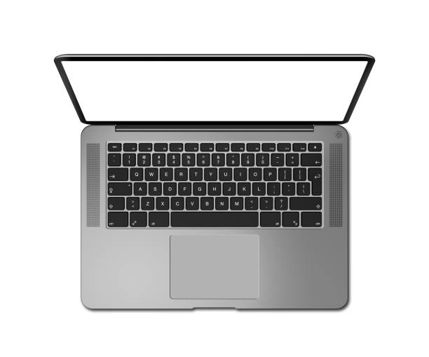 istock Open laptop top view with blank screen, isolated on white. Dark silver. 3D render 1181784228