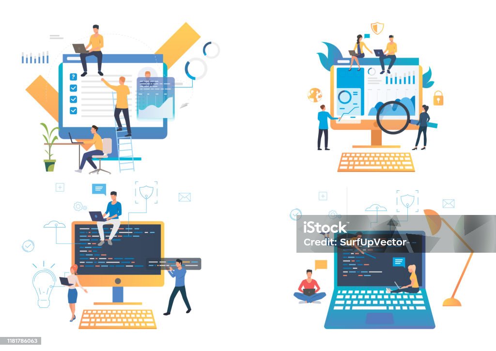 Computer At Work Graphics Work On Computer Illustration Set Stock Illustration - Download Image ...