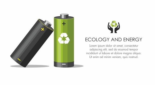 Battery with recycle symbol - renewable energy concept on white.  Battery recycling concept. Battery with recycle symbol - renewable energy concept on white.  Battery recycling concept.  Vector Illustration battery illustrations stock illustrations