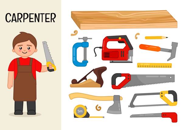 ilustrações de stock, clip art, desenhos animados e ícones de vector character carpenter. - carpenters pencil