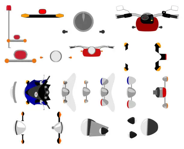 Vector illustration of Motorcycle signal lamps front, rear, side and top view isolated vector illustration