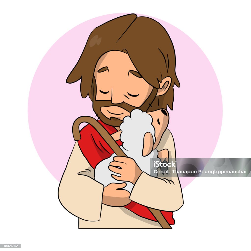 A Cartoon Vector Of Jesus Holding A Little Sheep Stock ...