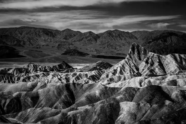 Death Valley, CA, US - February 11, 2018: Zabriskie point in black and white