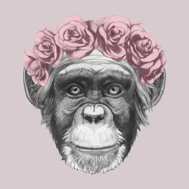 Vector illustration of Portrait of Monkey with floral head wreath. Hand-drawn illustration of dog.