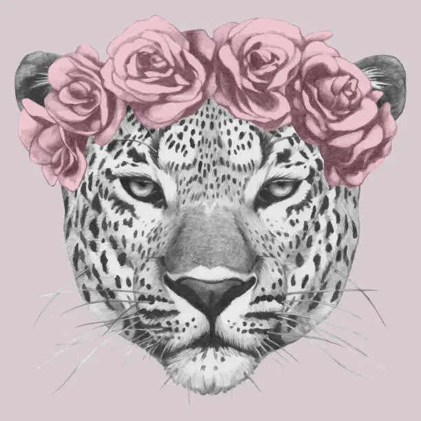Vector illustration of Portrait of Leopard with floral head wreath. Hand-drawn illustration of dog.
