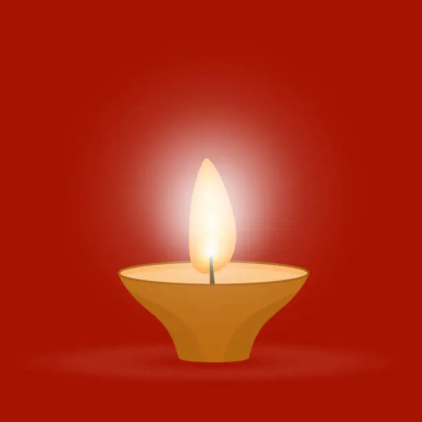 Vector illustration of Candle flame on a red background. Burning fuse with a cup of oil. Element for lighting design on the theme of mysticism and religion.