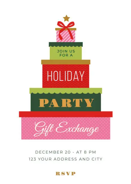 Vector illustration of Christmas Holiday Party invitation with gift boxes.
