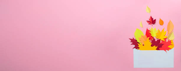 istock Autumn leaves in an envelope on a pink background 1181807599