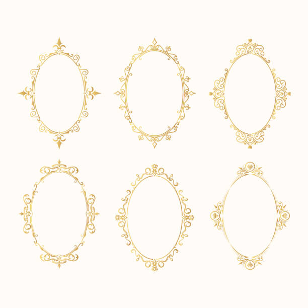 Set of hand drawn golden vintage oval frames. Elegant ornate fancy round borders for wedding. Vector isolated filigree invitation card. vector art illustration
