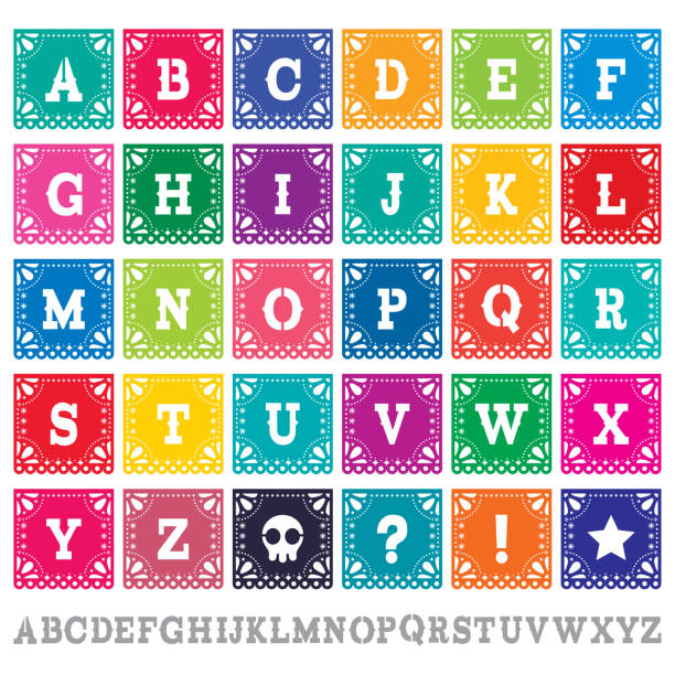 papel picado alphabet buchstaben vorlage vektor-set - mexikanische papier-design perfekte party-dekoration - papel picado stock-grafiken, -clipart, -cartoons und -symbole
