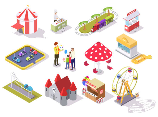 ilustrações de stock, clip art, desenhos animados e ícones de amusement park vector flat isometric icon set - amusement park illustrations