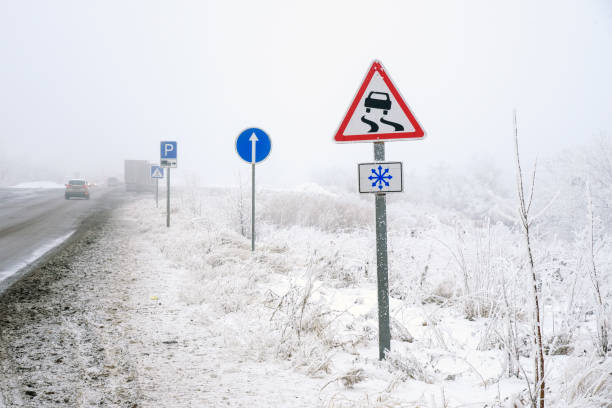 istock Road sign of slippery road 1181812355