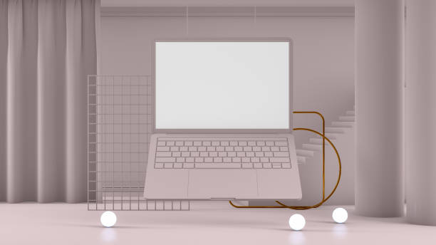istock 3D Empty Laptop Screen with Staircase and Architectural Columns in Beige Room 1181814636