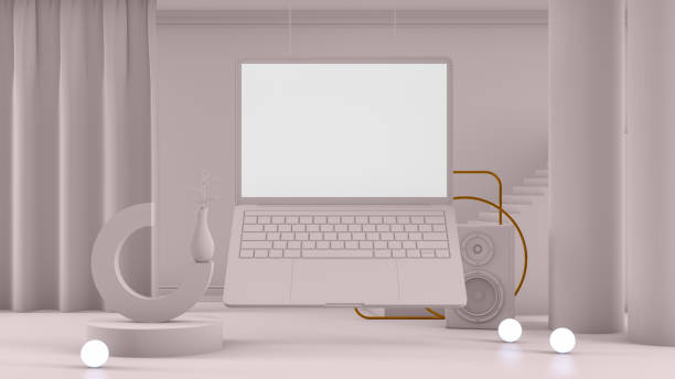 istock 3D Empty Laptop Screen with Staircase and Architectural Columns in Beige Room 1181814895