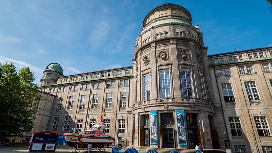 Munich 2019. Objects in temporary exhibition at the main entrance of the Deutsches Museum. Museum dedicated to science and technology. August 2019 in Munich.
