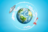 3d rendering of colored earth globe with silver metal ufo and space rocket on blue sky background