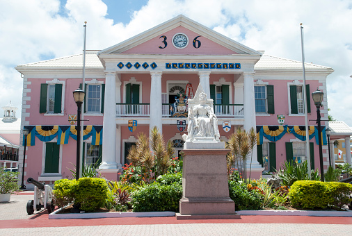 The view of Parliament Square in Nassau with decorations for The Independence Day of The Bahamas.