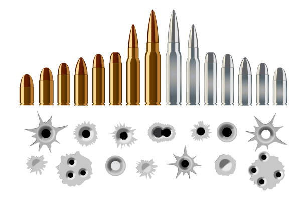 ilustraciones, imágenes clip art, dibujos animados e iconos de stock de conjunto de agujeros de bala y tipos de munición de pistola de rifle en oro y plata. - bullet bullet hole hole glass