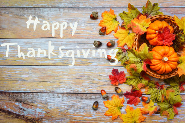 istock Autumn table setting with pumpkins on basket holiday - Happy Thanksgiving background frame autumn leaf decoration festive on wooden 1181825493
