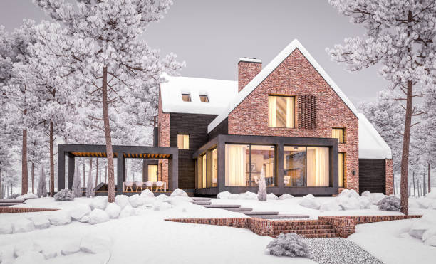 istock 3d rendering of modern clinker house on the ponds with pool in evening night 1181827590