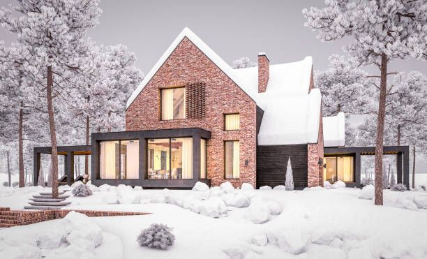 istock 3d rendering of modern clinker house on the ponds with pool in evening night 1181827624
