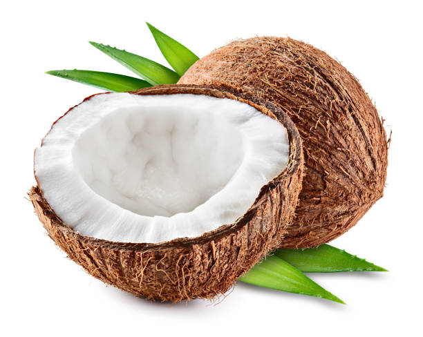 istock Coconut half, coconut slice and leaves isolate. Full depth of field. 1181828515