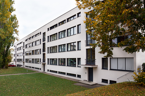 Stuttgart, Germany, October 15, 2019: Weissenhof Siedlung a.k.a. Weissenhof Estate Main Building by Mies van der Rohe in Stuttgart, Germany. Modernist International Style Residence Building buildt in 1927.