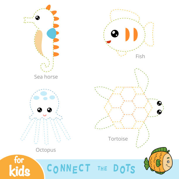 stockillustraties, clipart, cartoons en iconen met verbind de stippen, het onderwijsspel voor kinderen. set van zeedieren - squid games