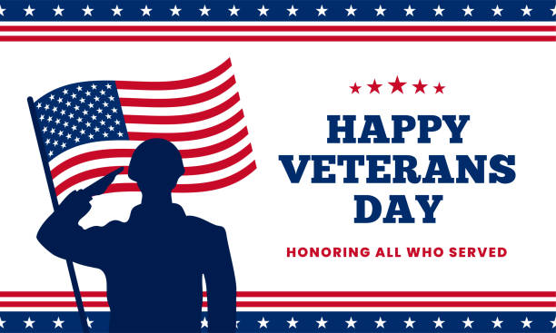 ilustrações de stock, clip art, desenhos animados e ícones de happy veterans day honoring all who served poster background template design. soldier military salutation silhouette with usa america flag behind vector illustration. - armed forces us veterans day military saluting