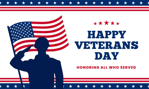 Happy veterans day honoring all who served poster background template design. Soldier military salutation silhouette with usa america flag behind vector illustration. Happy veterans day honoring all who served poster background template design. Soldier military salutation silhouette with usa america flag behind vector illustration. veteran stock illustrations