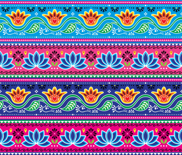 ilustraciones, imágenes clip art, dibujos animados e iconos de stock de patrón sin costuras de vector de arte de camión pakistaní o indio, diseño alegre floral, decoraciones repetitivas diwali - asian ethnicity pattern textile seamless