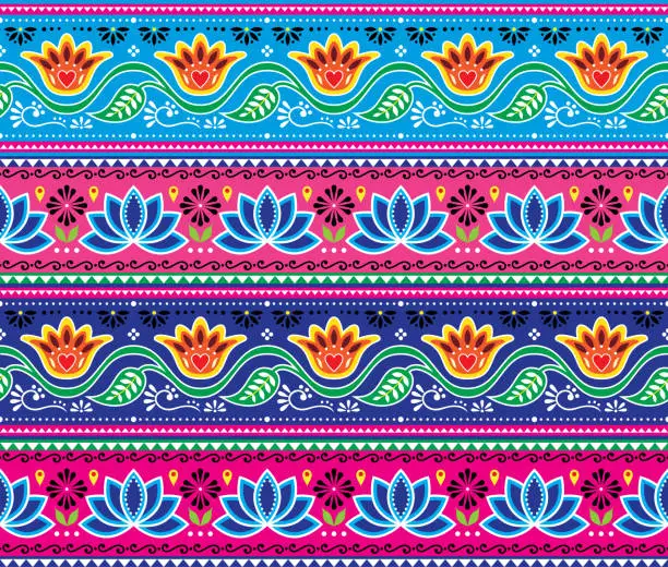 Vector illustration of Pakistani or Indian truck art vector seamless pattern, floral cheerful design, Diwali repetitive decorations