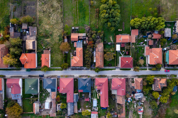 istock Flying over village area 1181838409