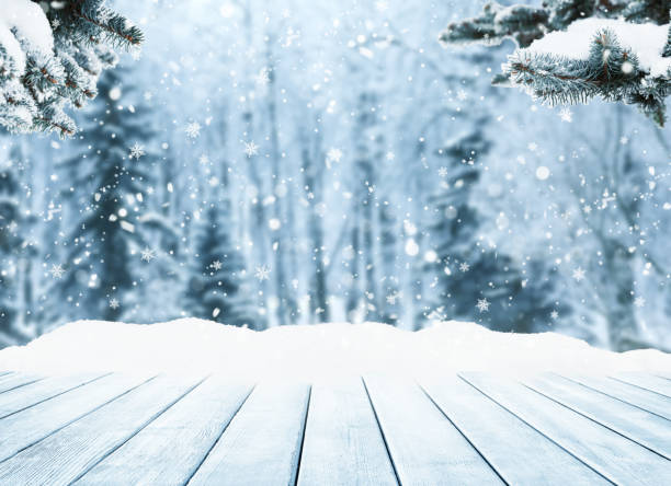 tablero de madera en paisaje soleado de invierno con abetos. - rime fotografías e imágenes de stock