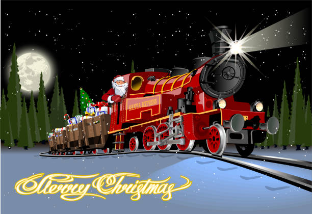 ilustraciones, imágenes clip art, dibujos animados e iconos de stock de tarjeta de navidad vectorial con dibujos animados santa express - locomotive steam train train snow