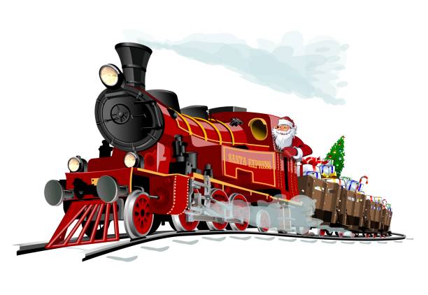 ilustraciones, imágenes clip art, dibujos animados e iconos de stock de tarjeta de navidad vectorial con dibujos animados santa express - locomotive steam train train snow