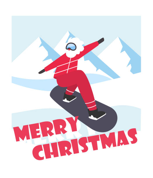 istock Merry Christmas card with snowboarding Santa. Sporting Santa Claus congratulation text. Flat style greeting illustration. - Vector 1181842231