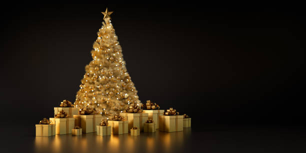 istock Golden Christmas Tree with golden Balls and Gift Boxes 1181843068