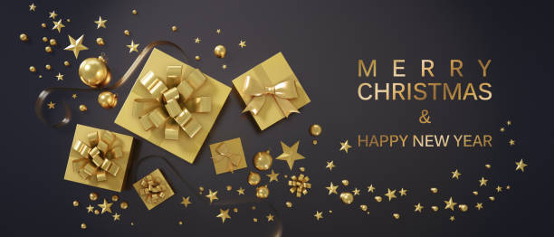 istock Flat Lay Golden Gift Boxes with Christmas Balls Greeting Card 1181843122
