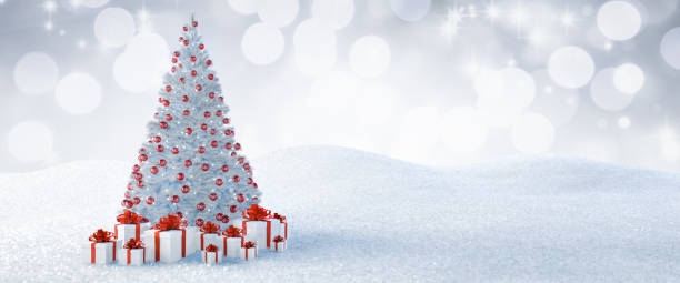 istock White Christmas Tree red Balls and Gift Boxes 1181843233