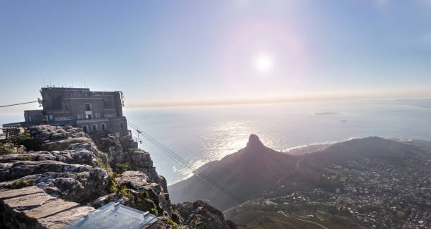 An aerial view of Cape Town Mountains and ocean sunset panorama  in Cape Point in Cape town, South Africa cape town photos stock pictures, royalty-free photos & images