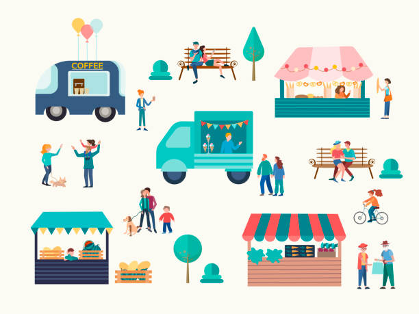 Summer fest, food street fair, family festival poster and banner. Summer fest, food street fair, family festival poster and banner. Stalls, awnings, vans, tents at the fair selling seasonal goods, drinks and fast food. Vector illustration. block party stock illustrations