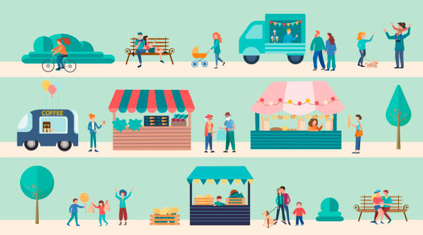 ilustrações, clipart, desenhos animados e ícones de poster e bandeira do conceito do festival do mercado de alimento da rua da família - urban scene small city banner