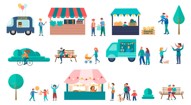 Food Street Fair concept vector illustration Food Street Fair concept vector illustration, Family Festival Poster and banner. Bakery, Vegetable Stand, Drinks Kiosks Offer Different Meals, Family Spare Time, Weekend. block party stock illustrations