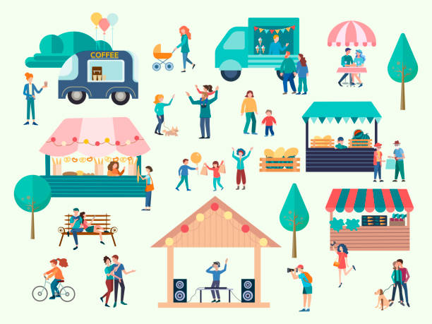 Street Food Market Concept. Vector illustration. Bakery, Vegetable Stand, Drinks Kiosks Offer Different Meals, Family Spare Time, Weekend. Street Food Market Concept. Vector illustration. exhibition illustrations stock illustrations