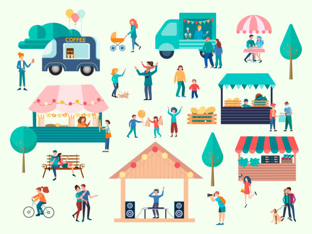 Street Food Market Concept. Vector illustration. Bakery, Vegetable Stand, Drinks Kiosks Offer Different Meals, Family Spare Time, Weekend. Street Food Market Concept. Vector illustration. cartoon of the summer for kids stock illustrations